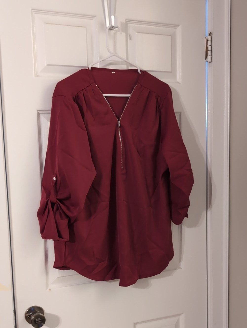 Women's Zip-Front Long-Sleeve Blouse in Burgundy